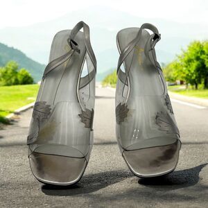 Women's Annie Shoes Clear Silver Lucite Wedge Open Toe Heels Size 9.5WW As-Is